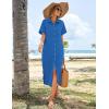 imageHOTOUCH Womens Summer Dress Casual Midi Short Sleeve Shirt Button Down Loose Beach Dress with PocketsRoyal Blue