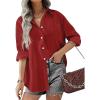 imageHOTOUCH Women Oversized Button Down Shirts Office Drop Shoulder Blouse Long Sleeve Boyfriend Dress Shirt with PocketsRed