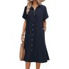 imageHOTOUCH Womens Summer Dress Casual Midi Short Sleeve Shirt Button Down Loose Beach Dress with Pockets01navy Blue