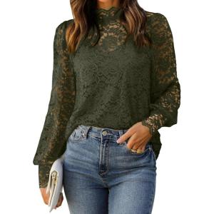 imageHOTOUCH Lace Tops for Women Sheer Long Sleeve Blouses Dressy Casual Shirt with Camisole 2 PCS Set SXXLArmy Green