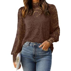 imageHOTOUCH Lace Tops for Women Sheer Long Sleeve Blouses Dressy Casual Shirt with Camisole 2 PCS Set SXXLBrown