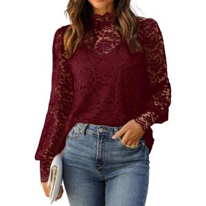 imageHOTOUCH Lace Tops for Women Sheer Long Sleeve Blouses Dressy Casual Shirt with Camisole 2 PCS Set SXXLDark Red