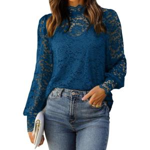 imageHOTOUCH Lace Tops for Women Sheer Long Sleeve Blouses Dressy Casual Shirt with Camisole 2 PCS Set SXXLDusty Blue
