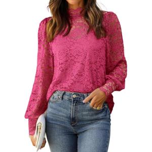 imageHOTOUCH Lace Tops for Women Sheer Long Sleeve Blouses Dressy Casual Shirt with Camisole 2 PCS Set SXXLHot Pink