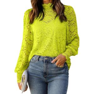 imageHOTOUCH Lace Tops for Women Sheer Long Sleeve Blouses Dressy Casual Shirt with Camisole 2 PCS Set SXXLLime Green