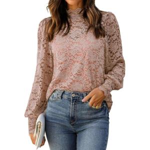 imageHOTOUCH Lace Tops for Women Sheer Long Sleeve Blouses Dressy Casual Shirt with Camisole 2 PCS Set SXXLRusty Rose