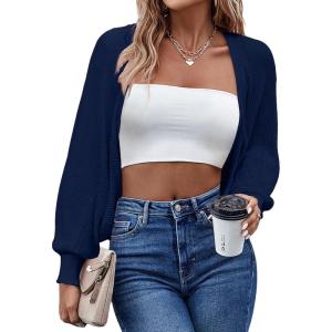 imageHOTOUCH Womens Cardigan Shrugs Long Batwing Sleeve Knitted Cropped Bolero Open Front Casual Elegant Cardigans for DressesDeep Blue