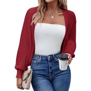 imageHOTOUCH Womens Cardigan Shrugs Long Batwing Sleeve Knitted Cropped Bolero Open Front Casual Elegant Cardigans for DressesRed