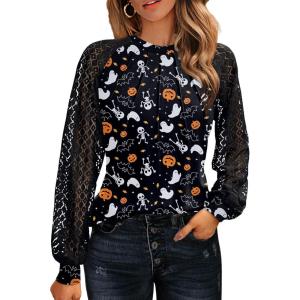 imageHOTOUCH Womens Lace ShortLong Sleeve Tops Fall Dressy Casual Blouses Business Work Shirts Fashion Clothe Trendy OutfitsHalloween Pumpkin