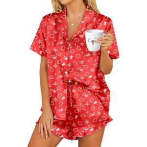 imageHOTOUCH Womens Satin Pajamas Set Button Down 2 Piece Silk Pjs Shorts Set Ruffle Lingerie Notch Collar SleepwearTeddy Beara