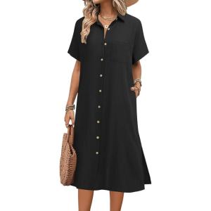 imageHOTOUCH Womens Summer Dress Casual Midi Short Sleeve Shirt Button Down Loose Beach Dress with Pockets01black