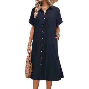 imageHOTOUCH Womens Summer Dress Casual Midi Short Sleeve Shirt Button Down Loose Beach Dress with Pockets01navy Blue