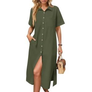 imageHOTOUCH Womens Summer Dress Casual Midi Short Sleeve Shirt Button Down Loose Beach Dress with PocketsArmy Green