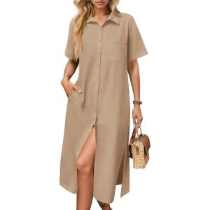 imageHOTOUCH Womens Summer Dress Casual Midi Short Sleeve Shirt Button Down Loose Beach Dress with PocketsBeige