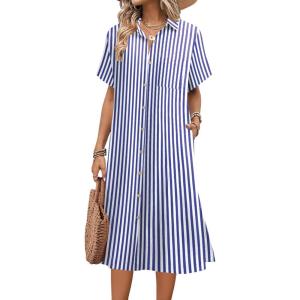 imageHOTOUCH Womens Summer Dress Casual Midi Short Sleeve Shirt Button Down Loose Beach Dress with PocketsBlue Stripe