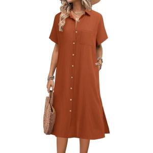 imageHOTOUCH Womens Summer Dress Casual Midi Short Sleeve Shirt Button Down Loose Beach Dress with PocketsBrick Red