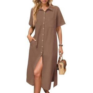 imageHOTOUCH Womens Summer Dress Casual Midi Short Sleeve Shirt Button Down Loose Beach Dress with PocketsBrown