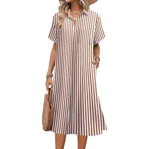 imageHOTOUCH Womens Summer Dress Casual Midi Short Sleeve Shirt Button Down Loose Beach Dress with PocketsBrown Stripe