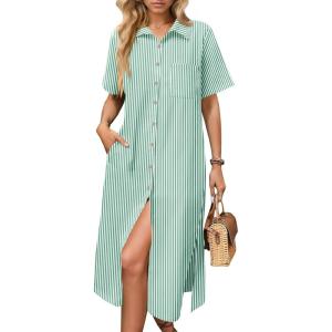 imageHOTOUCH Womens Summer Dress Casual Midi Short Sleeve Shirt Button Down Loose Beach Dress with PocketsGreen Stripe