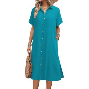 imageHOTOUCH Womens Summer Dress Casual Midi Short Sleeve Shirt Button Down Loose Beach Dress with PocketsLake
