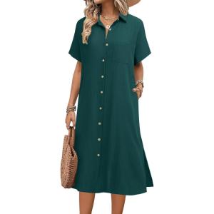 imageHOTOUCH Womens Summer Dress Casual Midi Short Sleeve Shirt Button Down Loose Beach Dress with PocketsLake Green