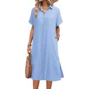 imageHOTOUCH Womens Summer Dress Casual Midi Short Sleeve Shirt Button Down Loose Beach Dress with PocketsLight Blue