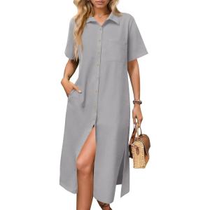 imageHOTOUCH Womens Summer Dress Casual Midi Short Sleeve Shirt Button Down Loose Beach Dress with PocketsLight Grey