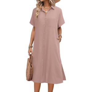 imageHOTOUCH Womens Summer Dress Casual Midi Short Sleeve Shirt Button Down Loose Beach Dress with PocketsPink