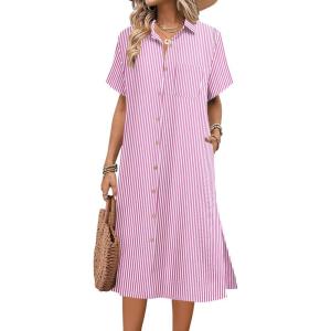 imageHOTOUCH Womens Summer Dress Casual Midi Short Sleeve Shirt Button Down Loose Beach Dress with PocketsPink Stripe