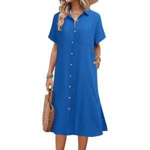 imageHOTOUCH Womens Summer Dress Casual Midi Short Sleeve Shirt Button Down Loose Beach Dress with PocketsRoyal Blue