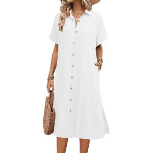 imageHOTOUCH Womens Summer Dress Casual Midi Short Sleeve Shirt Button Down Loose Beach Dress with PocketsWhite