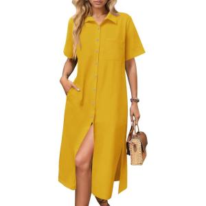 imageHOTOUCH Womens Summer Dress Casual Midi Short Sleeve Shirt Button Down Loose Beach Dress with PocketsYellow