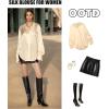 imageHOTOUCH Satin Shirts for Women Silk Button Down V Neck Dressy Casual Blouse Loose Long Sleeve Office Work Tunic TopsBeige