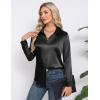 imageHOTOUCH Satin Shirts for Women Silk Button Down V Neck Dressy Casual Blouse Loose Long Sleeve Office Work Tunic TopsBlack
