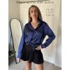 imageHOTOUCH Satin Shirts for Women Silk Button Down V Neck Dressy Casual Blouse Loose Long Sleeve Office Work Tunic TopsNavy Blue