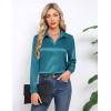 imageHOTOUCH Satin Shirts for Women Silk Button Down V Neck Dressy Casual Blouse Loose Long Sleeve Office Work Tunic TopsPeacock Blue