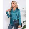 imageHOTOUCH Satin Shirts for Women Silk Button Down V Neck Dressy Casual Blouse Loose Long Sleeve Office Work Tunic TopsPeacock Blue