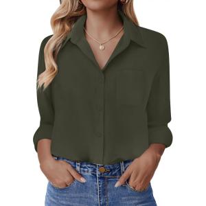 imageHOTOUCH Button Down Shirt for Women Basic Work Office Drop Shoulder Blouse Casual Loose Long Sleeve Tops with PocketArmy Green