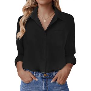 imageHOTOUCH Button Down Shirt for Women Basic Work Office Drop Shoulder Blouse Casual Loose Long Sleeve Tops with PocketBlack