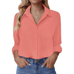 imageHOTOUCH Button Down Shirt for Women Basic Work Office Drop Shoulder Blouse Casual Loose Long Sleeve Tops with PocketCoral