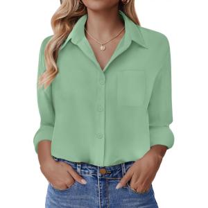 imageHOTOUCH Button Down Shirt for Women Basic Work Office Drop Shoulder Blouse Casual Loose Long Sleeve Tops with PocketIce Green