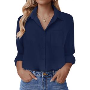 imageHOTOUCH Button Down Shirt for Women Basic Work Office Drop Shoulder Blouse Casual Loose Long Sleeve Tops with PocketNavy Blue
