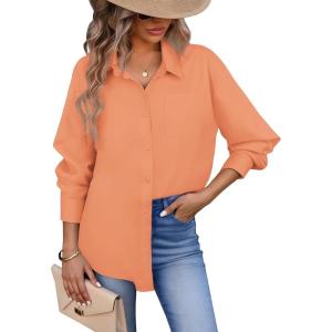 imageHOTOUCH Button Down Shirt for Women Basic Work Office Drop Shoulder Blouse Casual Loose Long Sleeve Tops with PocketPeach
