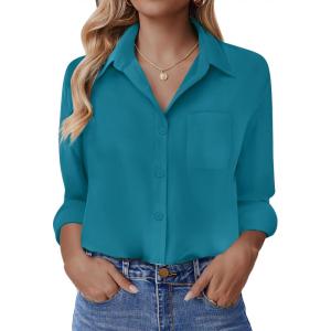imageHOTOUCH Button Down Shirt for Women Basic Work Office Drop Shoulder Blouse Casual Loose Long Sleeve Tops with PocketPeacock Blue