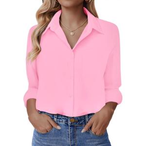 imageHOTOUCH Button Down Shirt for Women Basic Work Office Drop Shoulder Blouse Casual Loose Long Sleeve Tops with PocketPink