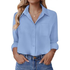 imageHOTOUCH Button Down Shirt for Women Basic Work Office Drop Shoulder Blouse Casual Loose Long Sleeve Tops with PocketSky Blue