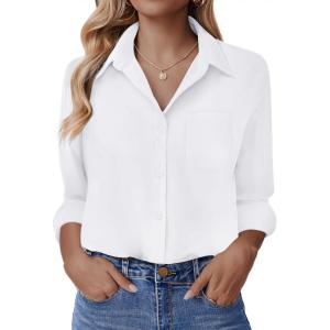 imageHOTOUCH Button Down Shirt for Women Basic Work Office Drop Shoulder Blouse Casual Loose Long Sleeve Tops with PocketWhite