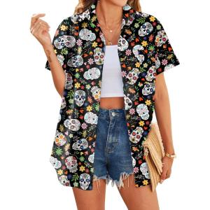 imageHOTOUCH Hawaiian Shirts for Women Summer Cool Hawaii Floral Tropic Print Blouses Beach Short Sleeve Button Up TopsHalloween Skulls