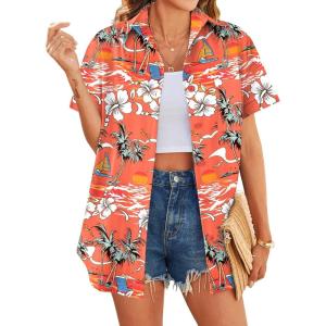 imageHOTOUCH Hawaiian Shirts for Women Summer Cool Hawaii Floral Tropic Print Blouses Beach Short Sleeve Button Up TopsOrange Hawaii