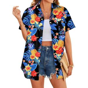 imageHOTOUCH Hawaiian Shirts for Women Summer Cool Hawaii Floral Tropic Print Blouses Beach Short Sleeve Button Up TopsPineapple Hawaiian